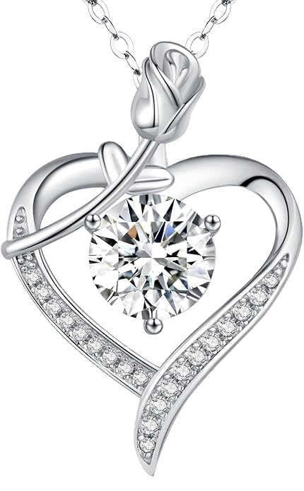 Rose Heart Pendant Necklace for Wife Moissanite Lab-Created Gem Jewelry for Women I Love You Wedding Anniversary Birthday Christmas Valentines Engagements Mothers Day for Her Girlfriend Mom Daughter